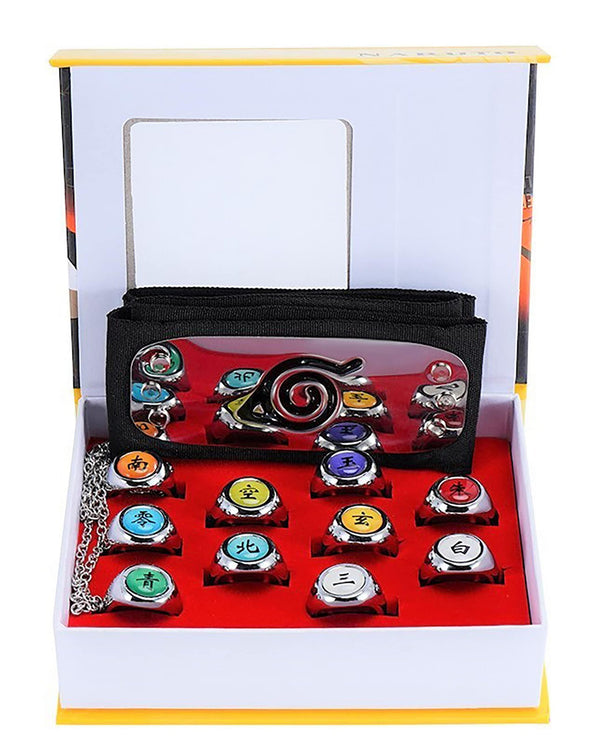 Akatsuki Rings Set 10pcs With Hairband and Chain Cosplay Itachi Sharingan Box