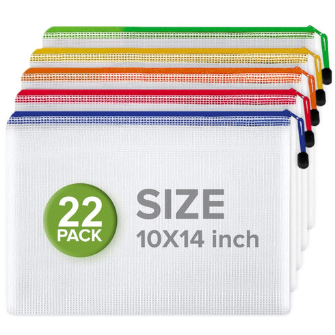 22 Pack Plastic Mesh Zipper Pouch Document Bag 10x14 in Large Document Pouch for School Office Supplies Pouches for Storage Board Game Organizer Plastic Mesh Zipper Pouch 10 x 14 inch