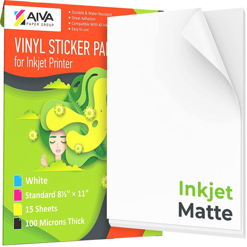 Printable Vinyl Sticker Paper for Inkjet Printer Matte White 15 SelfAdhesive Sheets Waterproof Decal Paper Standard Letter Size 8.5x11