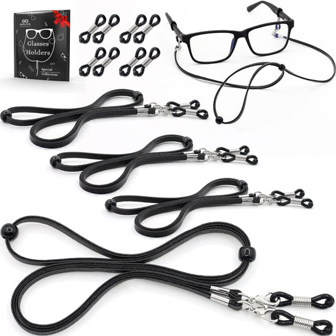 Eyeglass Strap Holders Premium ECO Leather Eye Glass String Strap Eyeglass Chain for Women Men Eye Glass Accessory Chain Around Neck 4 Cords (Black)