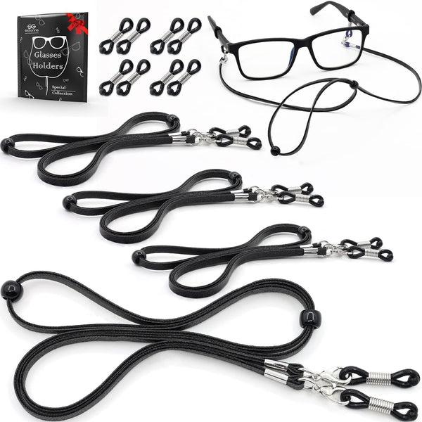Eyeglass Strap Holders Premium ECO Leather Eye Glass String Strap Eyeglass Chain for Women Men Eye Glass Accessory Chain Around Neck 4 Cords (Black)