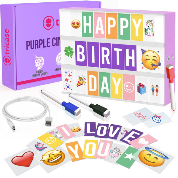 Purple Cinema Light Box with 312 Letters Emojis & 3 Markers Led Light Box sign for Home & Purple Bedroom Decor for Girls Light Up Letter Board Best Gift Idea for Girls on Christmas or Birthday