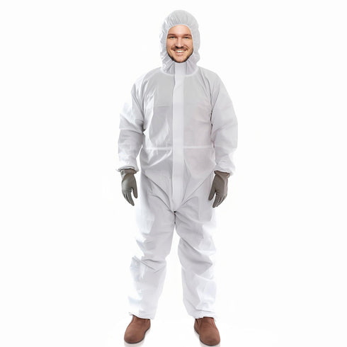 AMZ Medical Supply Disposable Coveralls for Men Women 3X Large Pack of 5 White Hazmat Suits Disposable with Hood Zipper 60gsm Microporous Hazmat Suit Costume Waterproof Lab Coveralls Disposable