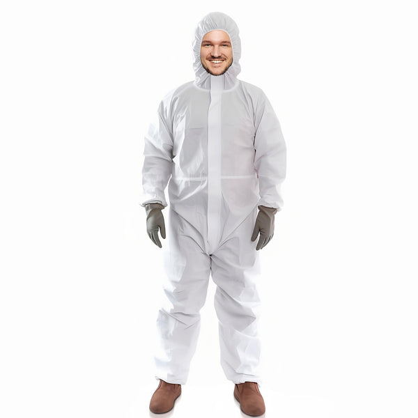 AMZ Medical Supply Disposable Coveralls for Men Women 3X Large Pack of 5 White Hazmat Suits Disposable with Hood Zipper 60gsm Microporous Hazmat Suit Costume Waterproof Lab Coveralls Disposable