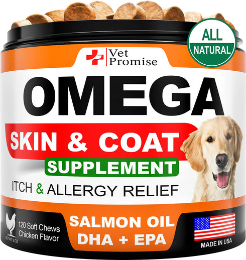 Omega 3 for Dogs Dog Skin and Coat Supplement Fish Oil for Dogs Chews Allergy and Dog Itch Relief Dog Anti Shedding Supplement Dog Dry Skin Treatment Salmon Oil Made in USA 120 Treats