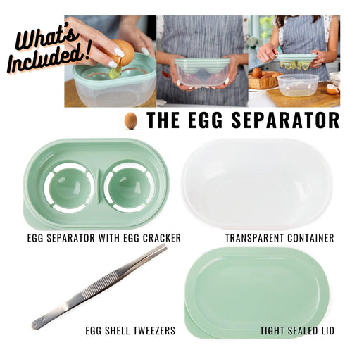 Deluxe 4 In 1 Egg Separator Set Double Egg White Separator With Built In Egg Cracker Food Container Plus Lid and Egg Shell Tweezer Easily Crack Separate and Store Eggs Without Mess Green