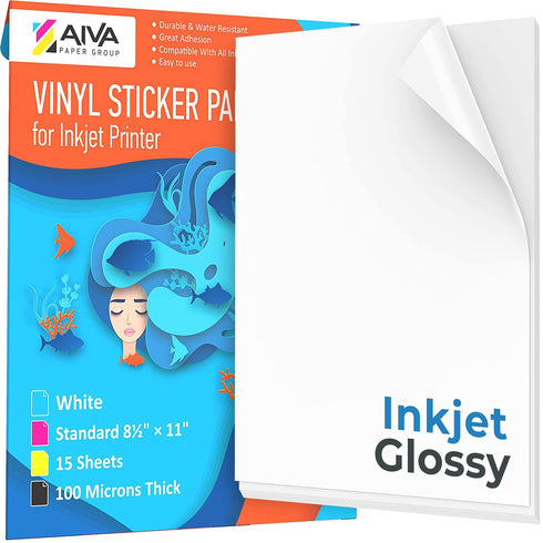 Printable Vinyl Sticker Paper for Inkjet Printer Glossy White 15 SelfAdhesive Sheets Waterproof Decal Paper Standard Letter Size 8.5x11