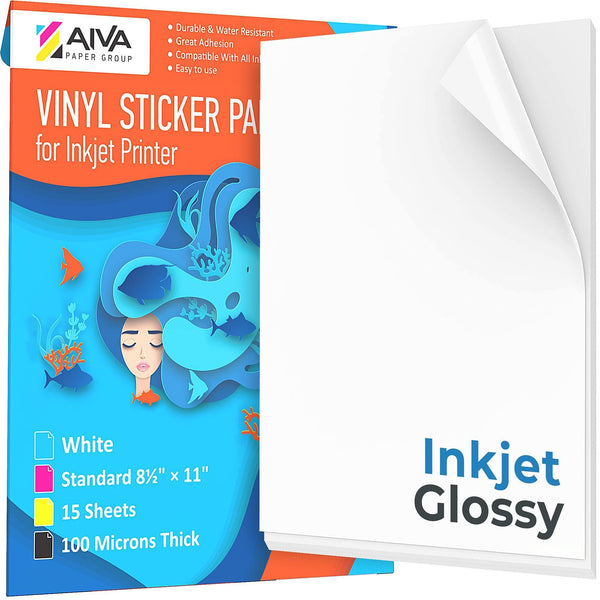 Printable Vinyl Sticker Paper for Inkjet Printer Glossy White 15 SelfAdhesive Sheets Waterproof Decal Paper Standard Letter Size 8.5x11