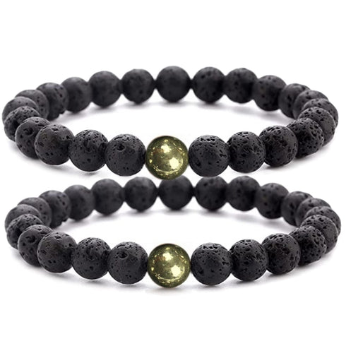 Black Lava Rock Beads Natural Stone Bracelets with Pyrite - Set of 2 - Healing Crystal Energy Activation Power Chakra Reiki Elastic Stretch Bracelet for Protection Man Women Diffuser Elastic Yoga 8mm