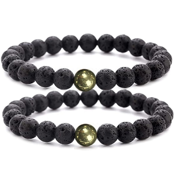Black Lava Rock Beads Natural Stone Bracelets with Pyrite - Set of 2 - Healing Crystal Energy Activation Power Chakra Reiki Elastic Stretch Bracelet for Protection Man Women Diffuser Elastic Yoga 8mm