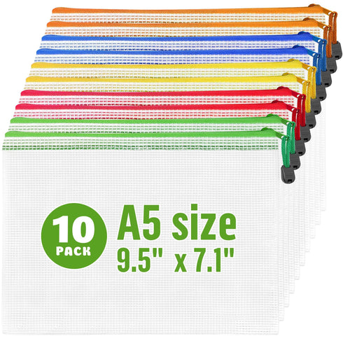 10 Pack Plastic Zipper Pouches A5 for School Office Supplies Cosmetics Tax Papers Travel Accessories Receipts Makeup Small Mesh Zipper Bags for Storage Waterproof Small Mesh Pouch with Zipper