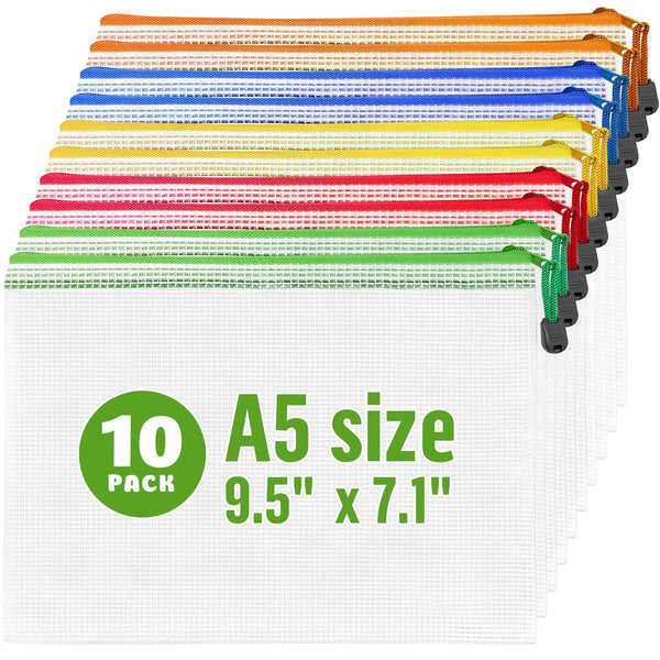 10 Pack Plastic Zipper Pouches A5 for School Office Supplies Cosmetics Tax Papers Travel Accessories Receipts Makeup Small Mesh Zipper Bags for Storage Waterproof Small Mesh Pouch with Zipper