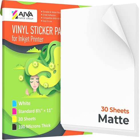 Printable Vinyl Sticker Paper Waterproof Decal Paper for Inkjet Printer 30 SelfAdhesive Sheets Matte White Standard Letter Size 8.5x11