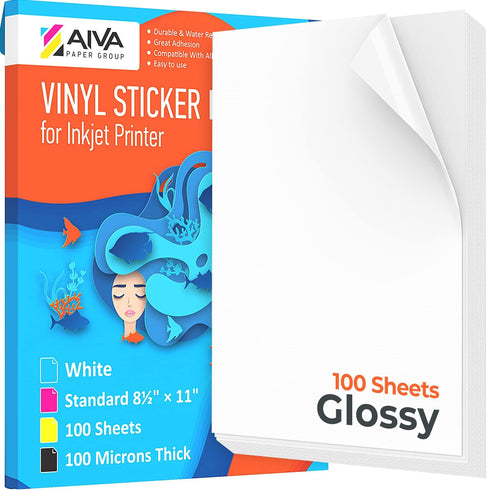 Printable Vinyl Sticker Paper Waterproof Decal Paper for Inkjet Printer 100 SelfAdhesive Sheets Glossy White Standard Letter Size 8.5x11