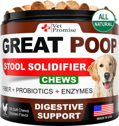 Great Poop Probiotics for Dogs Dog Stool Softener Fiber for Dogs Supplement 6 Probiotics and Digestive Enzymes Healthy Gut Firm Stool & Diarrhea Relief 120 Chews