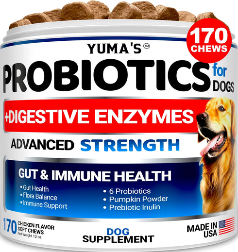 Probiotics for Dogs and Digestive Enzymes 170 Dog Probiotics Chews Pet Fiber Supplement Anti Diarrhea Upset Stomach & Gas Relief Constipation Canine Prebiotic Gut Health Treats USA Made