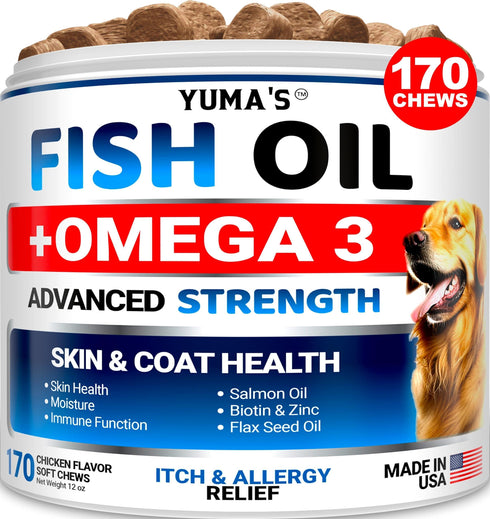 Omega 3 Fish Oil for Dogs 170 Chews Skin and Coat Supplement Omega 3 for Dogs Dry & Itchy Skin Relief Treatment Allergy Support Dog Anti Shedding Treats Shiny Coats EPA & DHA Salmon