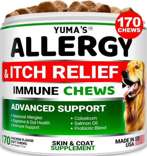 YUMA'S Dog Allergy Relief Chews Dog Itching Skin Relief Treatment Pills 170 Treats Anti Itch for Dogs Itchy and Paw Licking Dry Skin & Hot Spots Omega 3 Fish Oil Skin & Coat Supplement