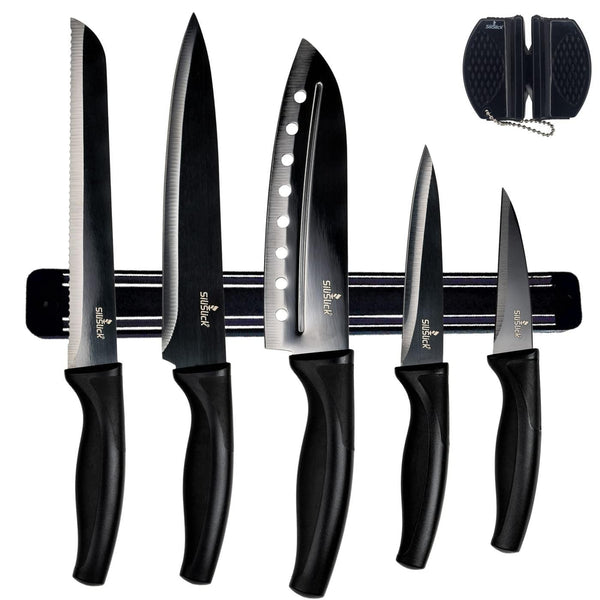 Kitchen Knife Set Kit 5 Professional Grade Iridescent Blade Knives | Includes Knife Sharpener & Magnetic Wall Hanger | All Black with Black Knife Rack