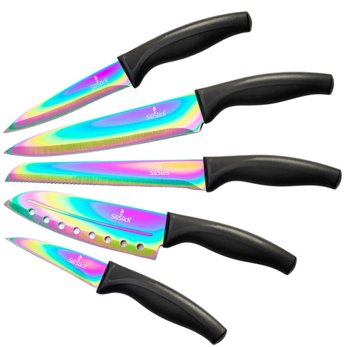 Kitchen Knife Set Professional Titanium Coated Stainless Steel Blades Dishwasher Safe Safety Sheaths 5 Knives
