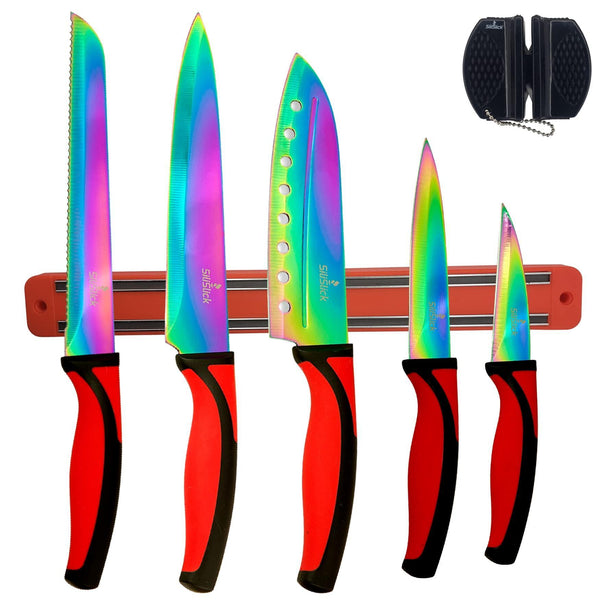 Kitchen Knife Set Kit 5 Professional Grade Iridescent Blade Knives | Includes Knife Sharpener & Magnetic Wall Hanger | Red Handle with Red Knife Rack