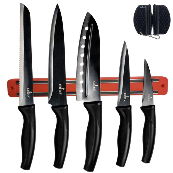 Kitchen Knife Set Kit 5 Dishwasher Safe Colorful Knives Knife Sharpener & Magnetic Wall Bar Titanium Non Stick Plating Stainless Steel