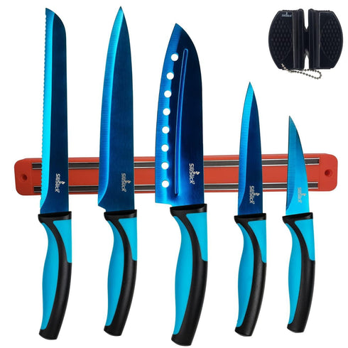 Kitchen Knife Set Kit 5 Dishwasher Safe Colorful Knives Knife Sharpener & Magnetic Wall Bar Titanium Non Stick Plating Stainless Steel