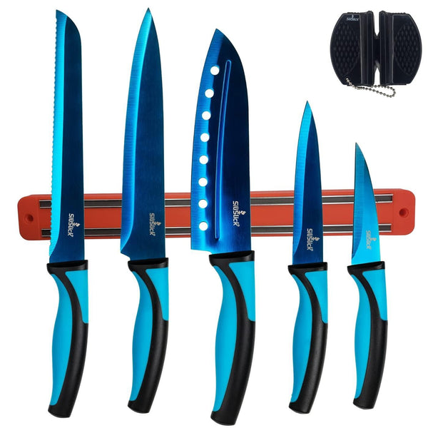 Kitchen Knife Set Kit 5 Dishwasher Safe Colorful Knives Knife Sharpener & Magnetic Wall Bar Titanium Non Stick Plating Stainless Steel