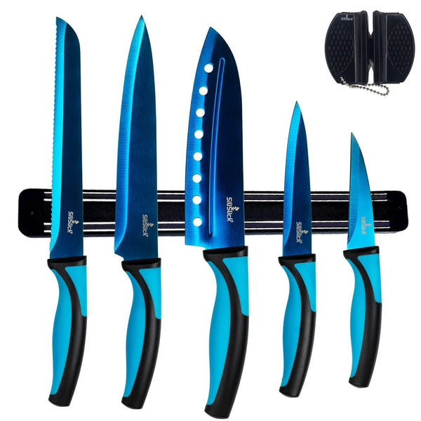Kitchen Knife Set Kit 5 Professional Grade Iridescent Blade Knives | Includes Knife Sharpener & Magnetic Wall Hanger | All Blue with Black Knife Rack