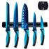 Kitchen Knife Set Kit 5 Professional Grade Iridescent Blade Knives | Includes Knife Sharpener & Magnetic Wall Hanger | All Blue with Black Knife Rack