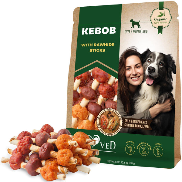 Kabobs Dog Rawhide Treats with Duck & Chicken Human Grade Meat All Natural & Organic Dried Snacks Grain Free Long Lasting Chews for Large & Small Dogs Best Sticks for Training & Healthy Teeth