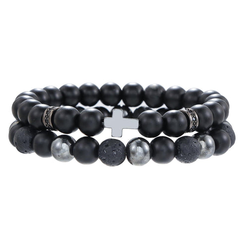 Black Obsidian Hematite Triple Protection Bracelet 10MM beads Set Blue Tiger Eye Beads Bracelets Lava Stone bracelets for Men Women (Hematite cross)