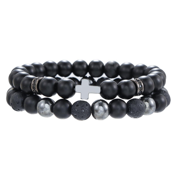 Black Obsidian Hematite Triple Protection Bracelet 10MM beads Set Blue Tiger Eye Beads Bracelets Lava Stone bracelets for Men Women (Hematite cross)