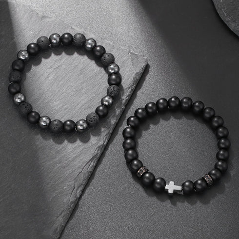 Black Obsidian Hematite Triple Protection Bracelet 10MM beads Set Blue Tiger Eye Beads Bracelets Lava Stone bracelets for Men Women (Hematite cross)
