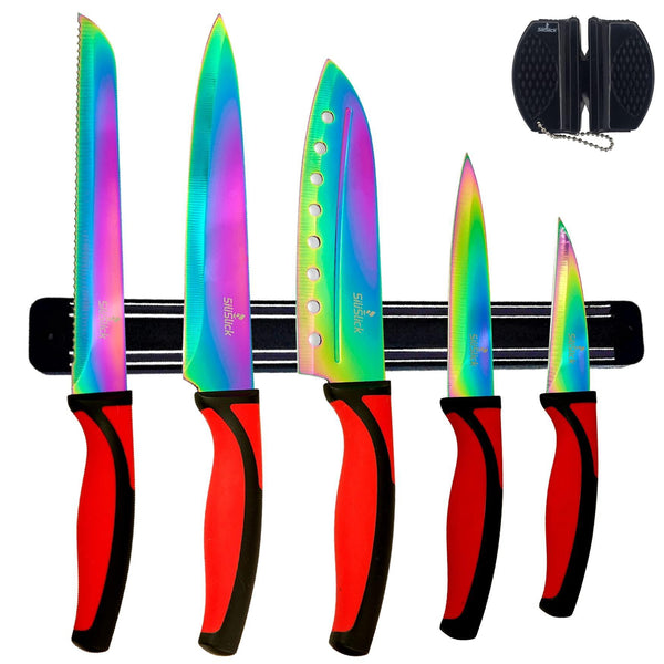 Kitchen Knife Set Kit 5 Professional Grade Iridescent Blade Knives | Includes Knife Sharpener & Magnetic Wall Hanger | Red Handle with Black Knife Rack