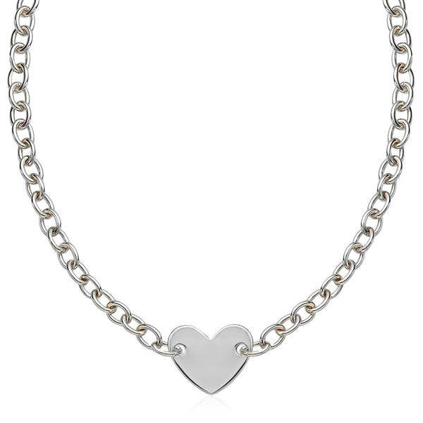 Sterling Silver Rhodium Plated Chain Bracelet with a Flat Heart Motif Station