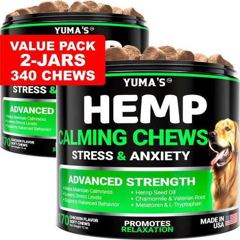 YUMA'S (2 Pack) Hemp Calming Chews for Dogs Advanced Dog Calming Treats Dog Calming Chews 340 Chews Anxiety Relief Treats Separation Aid Barking Stress Relief Melatonin Hemp Oil