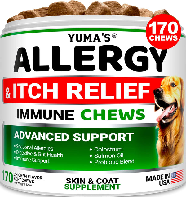 YUMA'S Dog Allergy Relief Chews Dog Itching Skin Relief Treatment Pills 170 Treats Beef Liver Flavor