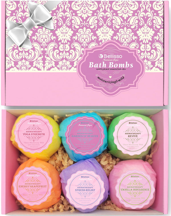 Bath Bombs Gift Set 6 Bubble Bath Fizzies (6 x 2oz) with Natural Dead Sea Salt Cocoa and Shea Essential Oils Best Gift Idea for Birthday Mom Woman Girl Him Kids