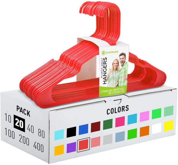 Hangers for Adult Size Clothing Plastic Ideal for Everyday Standard Use Clothes Shirts Blouses T Shirts Dresses Jackets Suits. Color Red Pack 20 PCS.
