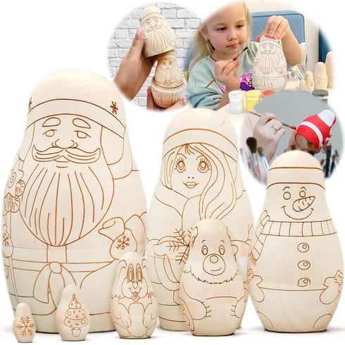 AEVVV Unfinished Russian Christmas Crafts Set 7 pcs Unpainted Christmas Nesting Dolls Blank Paint Your Own Matryoshka Father Frost Snow Maiden Snowman