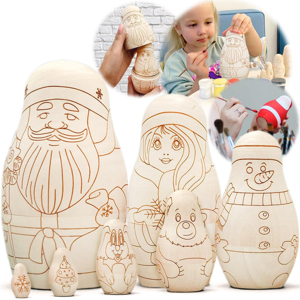 AEVVV Unfinished Russian Christmas Crafts Set 7 pcs Unpainted Christmas Nesting Dolls Blank Paint Your Own Matryoshka Father Frost Snow Maiden Snowman