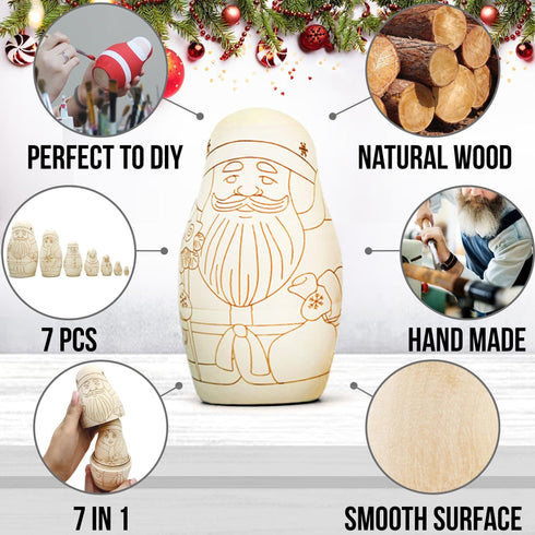 AEVVV Unfinished Russian Christmas Crafts Set 7 pcs Unpainted Christmas Nesting Dolls Blank Paint Your Own Matryoshka Father Frost Snow Maiden Snowman