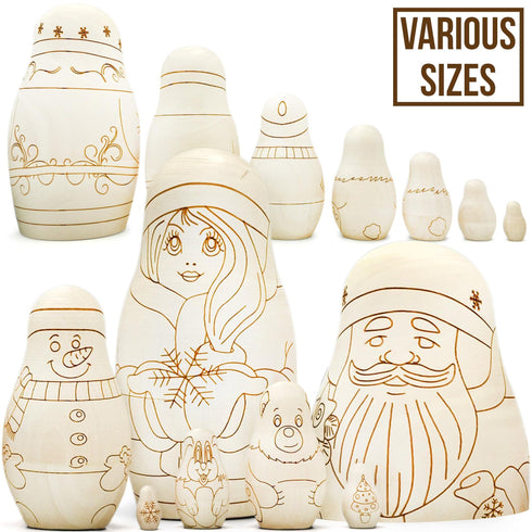 AEVVV Unfinished Russian Christmas Crafts Set 7 pcs Unpainted Christmas Nesting Dolls Blank Paint Your Own Matryoshka Father Frost Snow Maiden Snowman