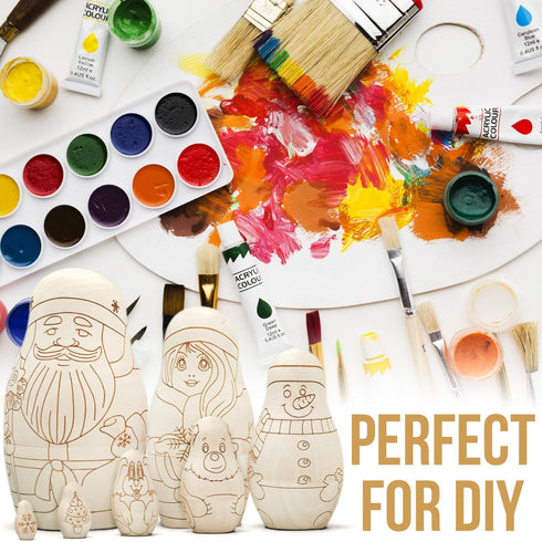 AEVVV Unfinished Russian Christmas Crafts Set 7 pcs Unpainted Christmas Nesting Dolls Blank Paint Your Own Matryoshka Father Frost Snow Maiden Snowman