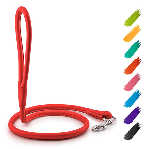 Rolled Leather Dog Leash 4Ft * 0.3 in for Small Medium and Large Dogs Heavy Duty Leather Puppy Leash for Outdoor Walking Running Training Strong Dog Leashes for Large Breed Dogs (Red)