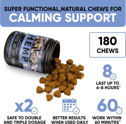 Kinpur Pet Care Calming Chews for Dogs with Hemp Oil - Aid During Thunderstorms, Separation, Car Rides - Hip and Joint Health - Tasty Dog Calming Treats, 180 Peanut Butter Flavored Chews