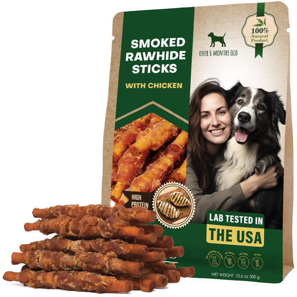 Dog Smoked Rawhide Sticks Wrapped Chicken & Pet Natural Chew Treats Grain Free Organic Meat & Healthy Human Grade Dried Snacks in Bulk Best Twists for Training Small & Large Dogs Made for USA