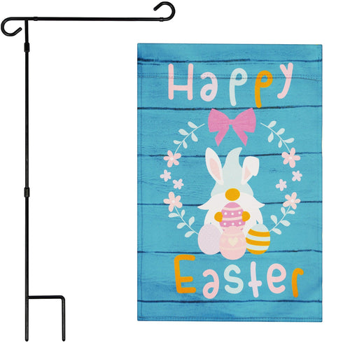 G128 Combo Pack: Garden Flag Stand Black 36 in x 16 in & Garden Flag Happy Easter Decoration Rabbit Gnome with Eggs 12"x18" Double-Sided Blockout Fabric