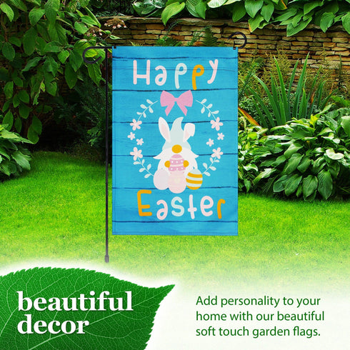 G128 Combo Pack: Garden Flag Stand Black 36 in x 16 in & Garden Flag Happy Easter Decoration Rabbit Gnome with Eggs 12"x18" Double-Sided Blockout Fabric